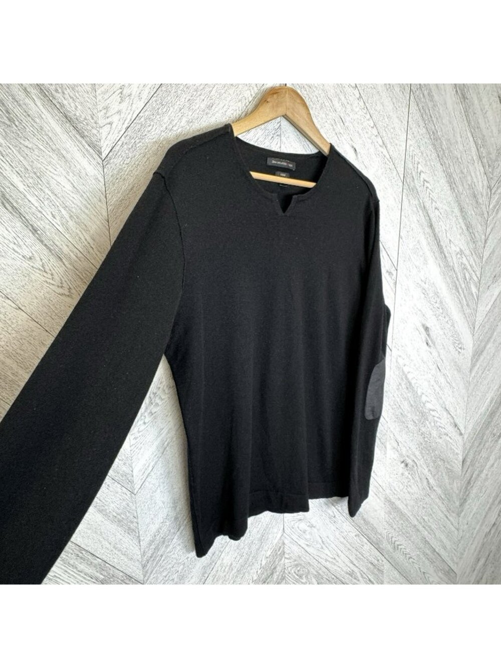 John Varvatos USA Merino Wool Blend Luxe Sweater Mens XL Black Elbow Patches